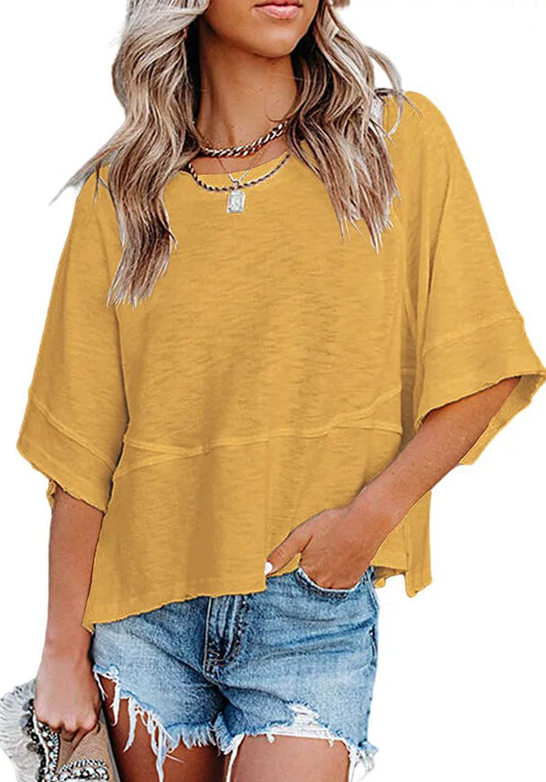 💃🌸Women's Solid Color Splicing Loose Five Points Flare Sleeve T-Shirt