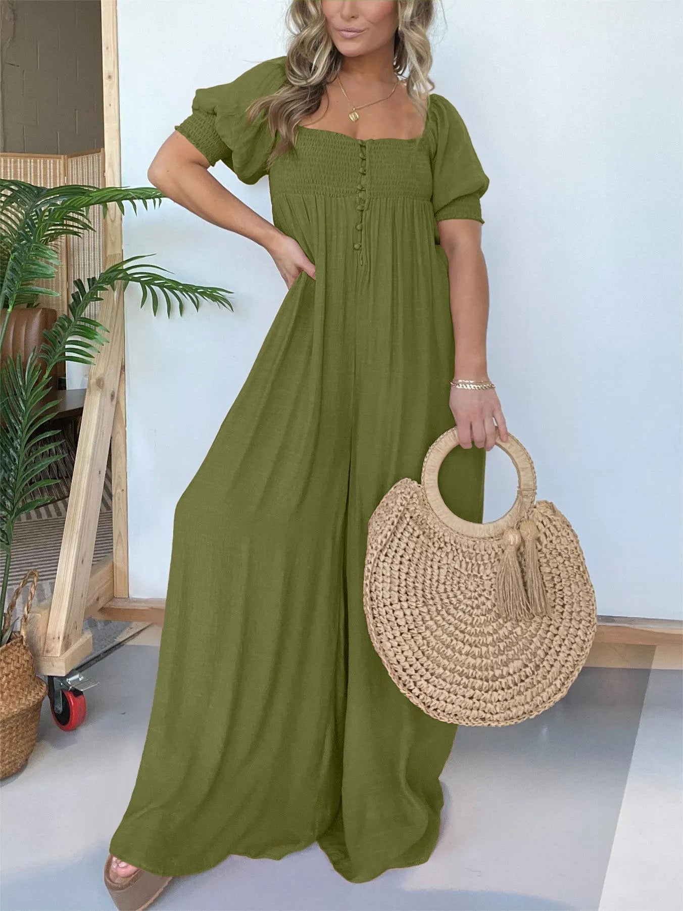 ✨This week's special price is $34.99💗Square Neckline Jumpsuit With Smocked Bodice Button