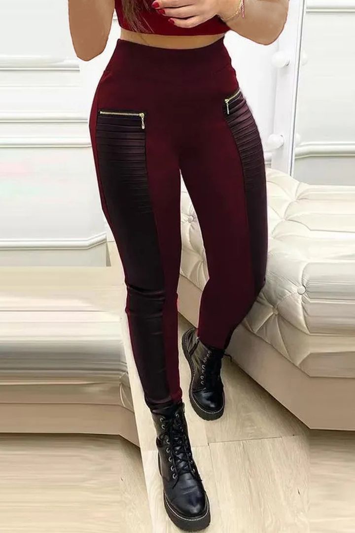 FAUX LEATHER PANTS WITH CONTRASTING TRIM AND ZIPPER(Buy 2 Free Shipping)