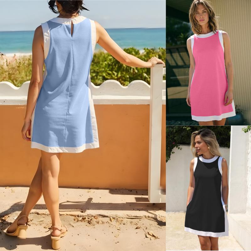 🎁Women's 2-Piece Sets Color Block Crewneck Sleeveless Top + Skirt & Shorts w/ Pockets