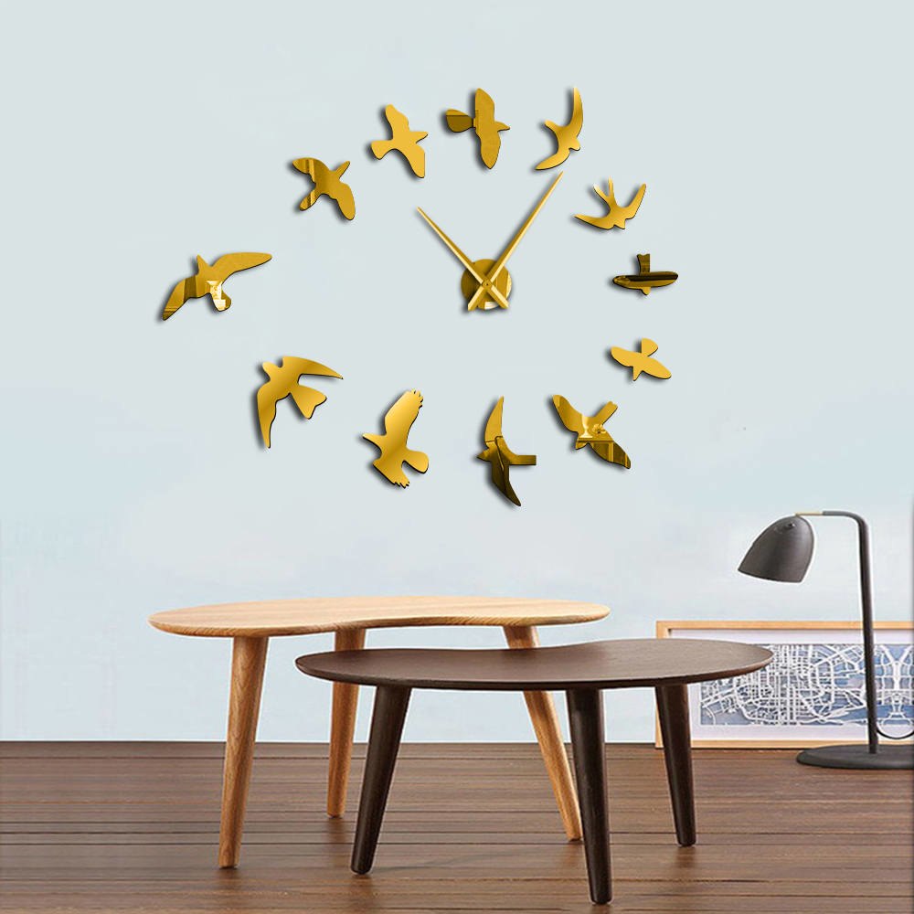 Decorative Mirror Wall Clock Flying Birds Wall Clock Modern Design Luxury Frameless DIY Large Clock