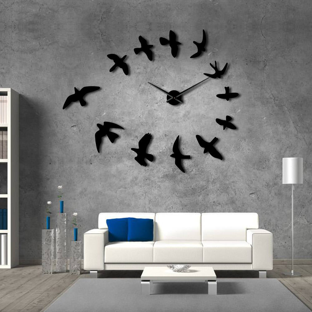 Decorative Mirror Wall Clock Flying Birds Wall Clock Modern Design Luxury Frameless DIY Large Clock