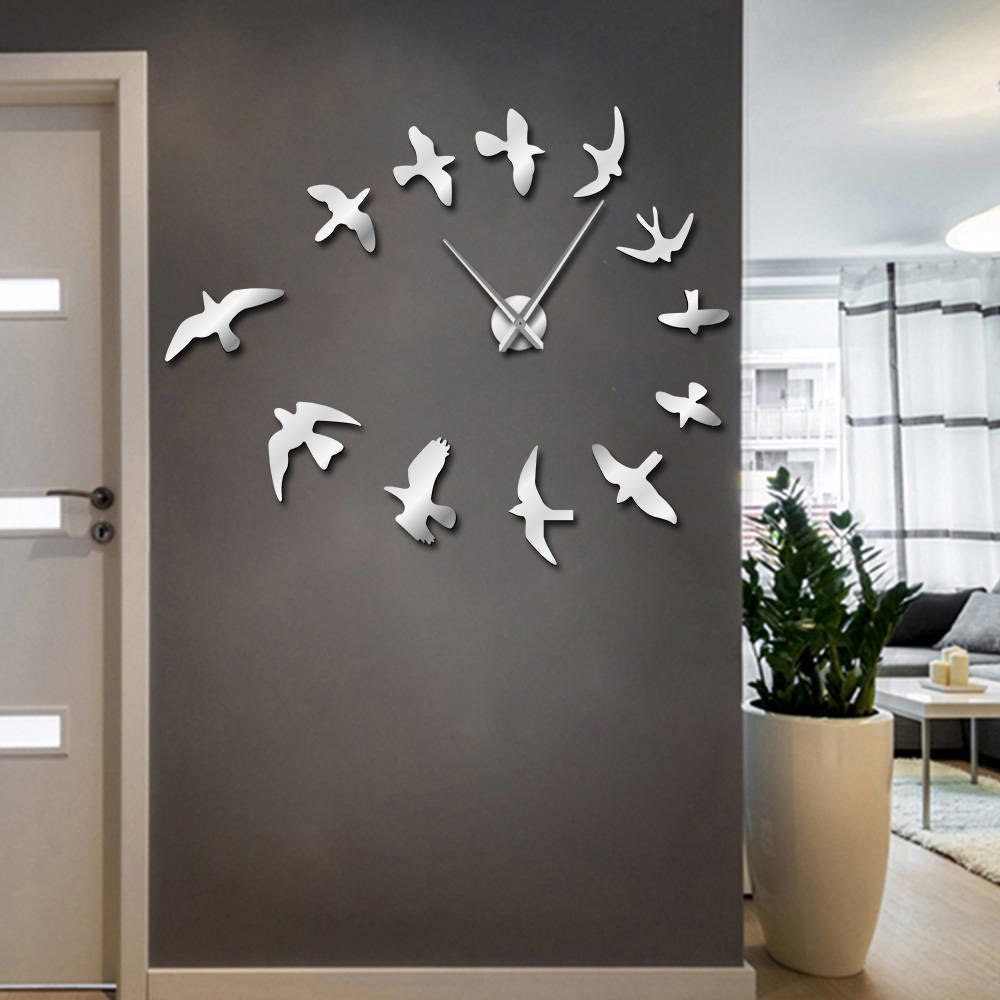 Decorative Mirror Wall Clock Flying Birds Wall Clock Modern Design Luxury Frameless DIY Large Clock