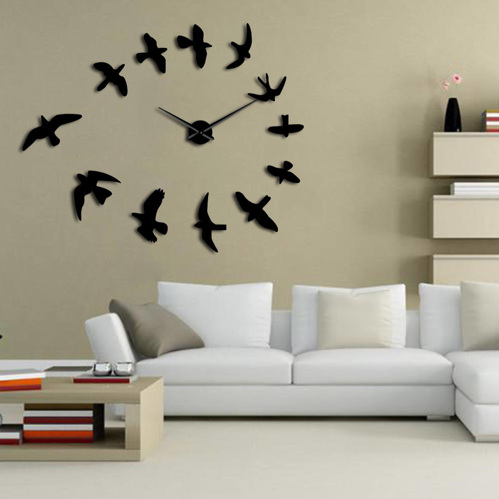Decorative Mirror Wall Clock Flying Birds Wall Clock Modern Design Luxury Frameless DIY Large Clock