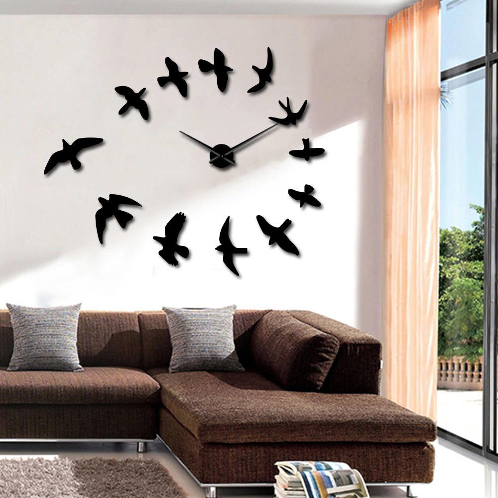 Decorative Mirror Wall Clock Flying Birds Wall Clock Modern Design Luxury Frameless DIY Large Clock