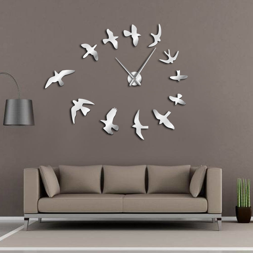 Decorative Mirror Wall Clock Flying Birds Wall Clock Modern Design Luxury Frameless DIY Large Clock
