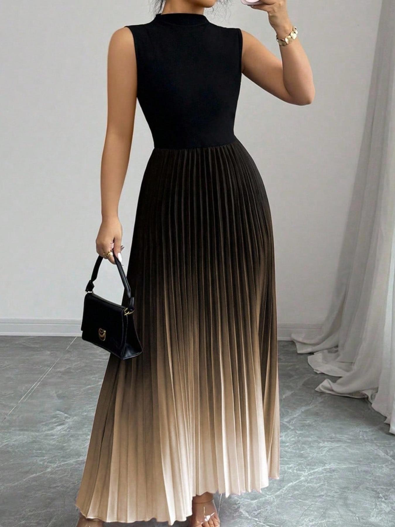 👗💜 Ombre Pleated Sleeveless Mock Neck Maxi Dress