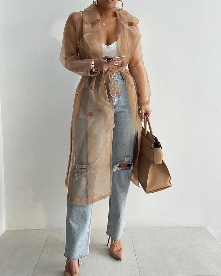 Sheer Mesh Long Sleeve Transparent Jacket Coat Buttoned Longline Trench Coat with Belt
