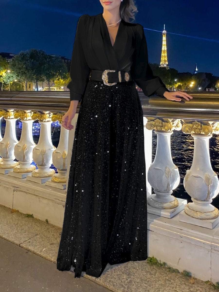 Fashionable V-neck long-sleeved shirt and wide-leg pants two-piece set