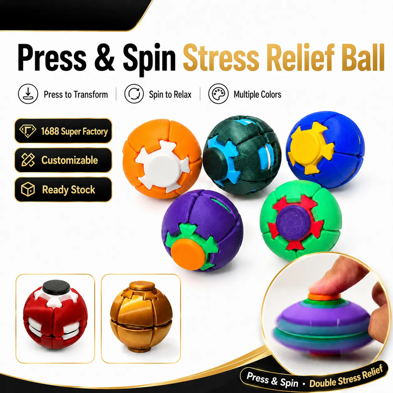 Press & Spin Gear Fidget Ball | Pocket Stress Relief Toy