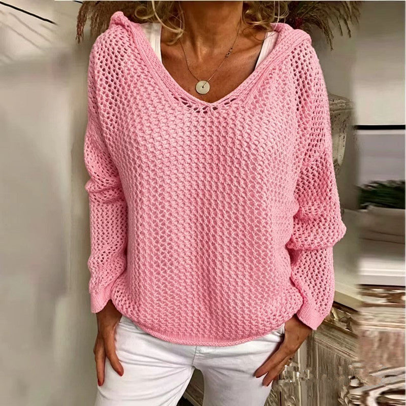 Loose-fit open-knit hooded sun-protection cardigan
