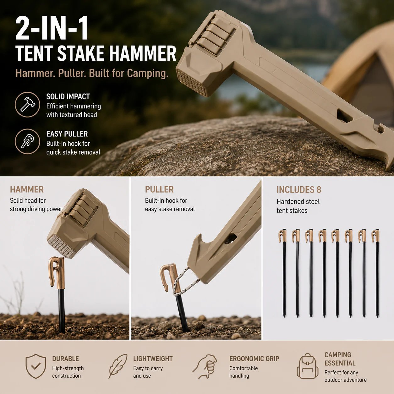 🔥🔨2-in-1 Tent Stake Hammer with Built-In Storage for 8 Stakes and Stake Puller for Outdoor Camping