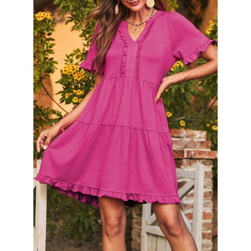 🌈Women's V Neck Ruffle Casual A-Line Flowy Swing Shift Dress