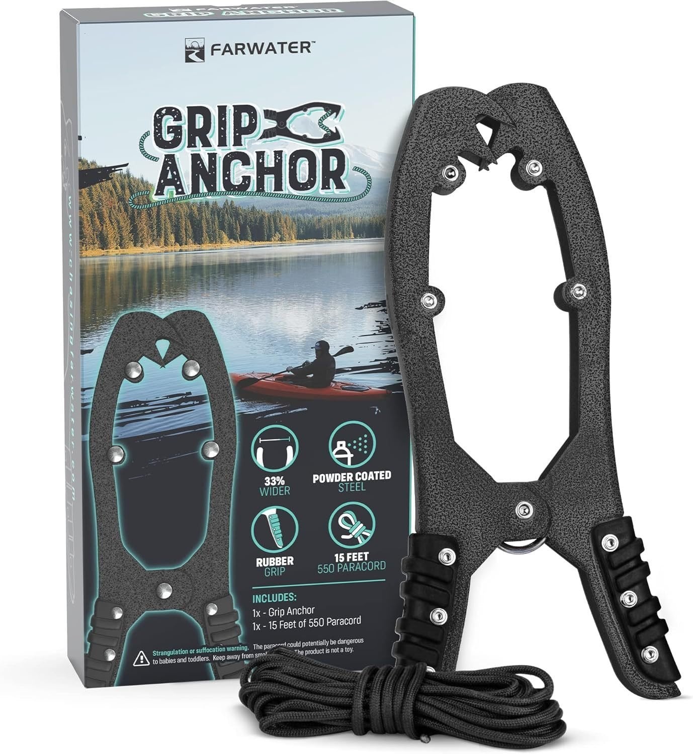 Canoe Anchor Grip - Boat, Float Tube & Kayak Fishing Accessories with 15ft Paracord