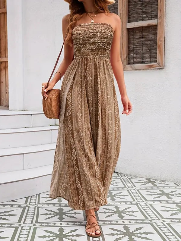 Strapless High Slit Print Draped Jumpsuit