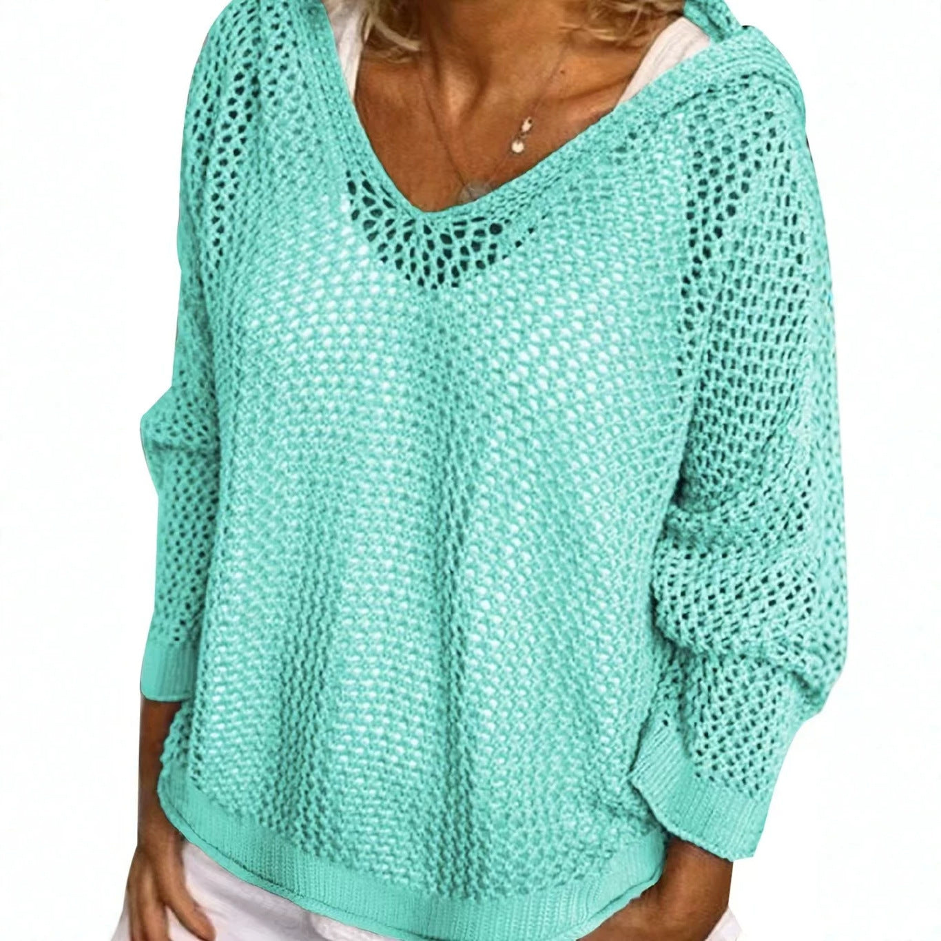 Loose-fit open-knit hooded sun-protection cardigan