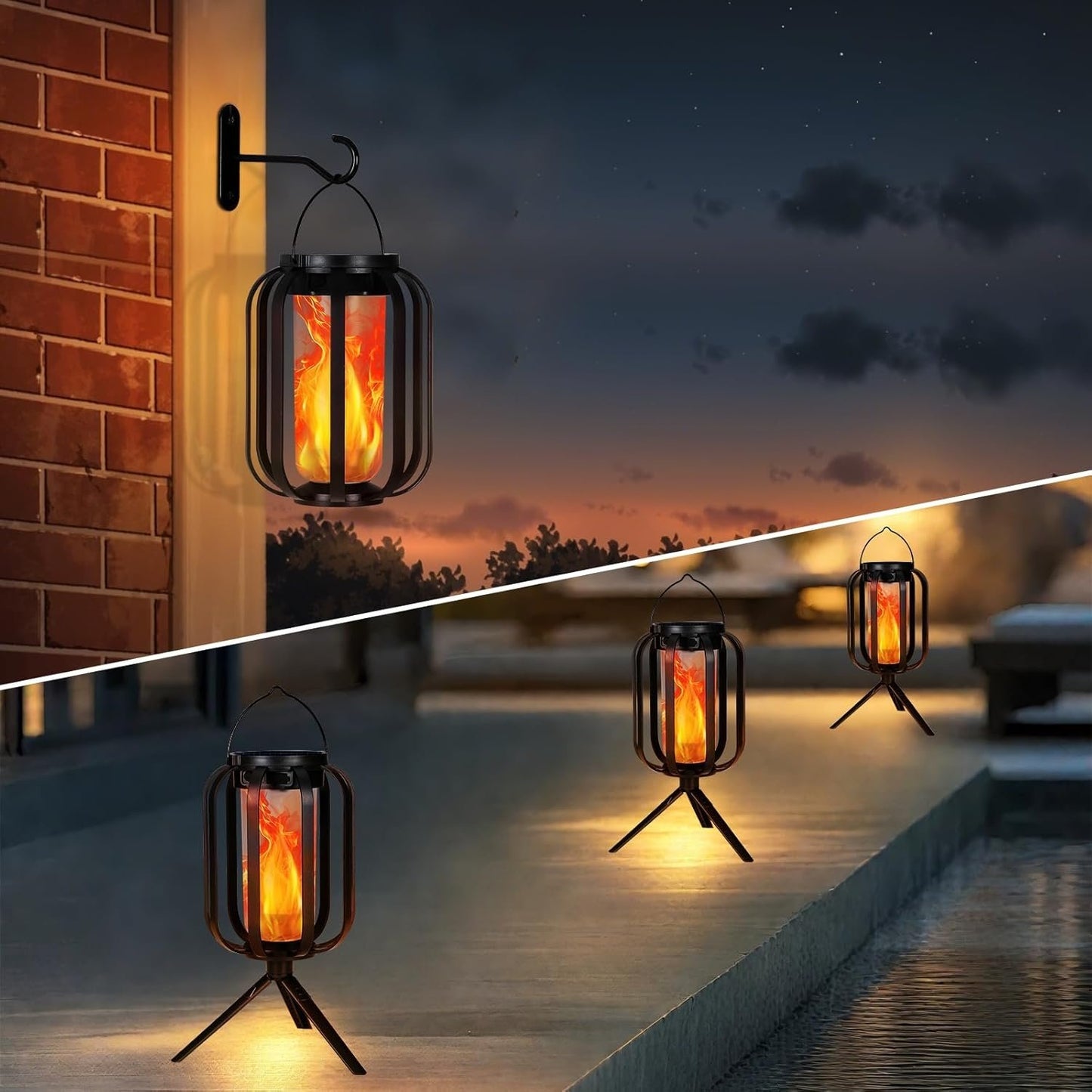 Solar Lantern Outdoor Lights, Waterproof Solar Powered Lanterns with Flickering Flame