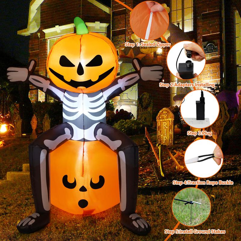 🎁Halloween Inflatable 5FT Skull Skeleton Pumpkin Head