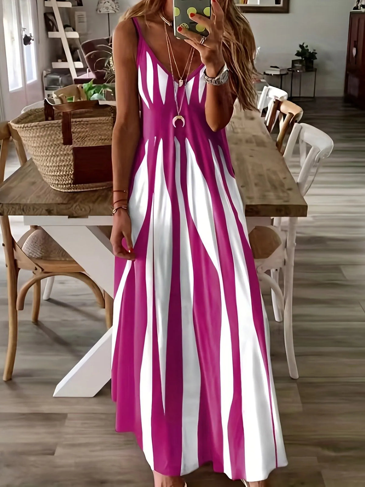 Striped Patchwork Suspender V-neck Dress