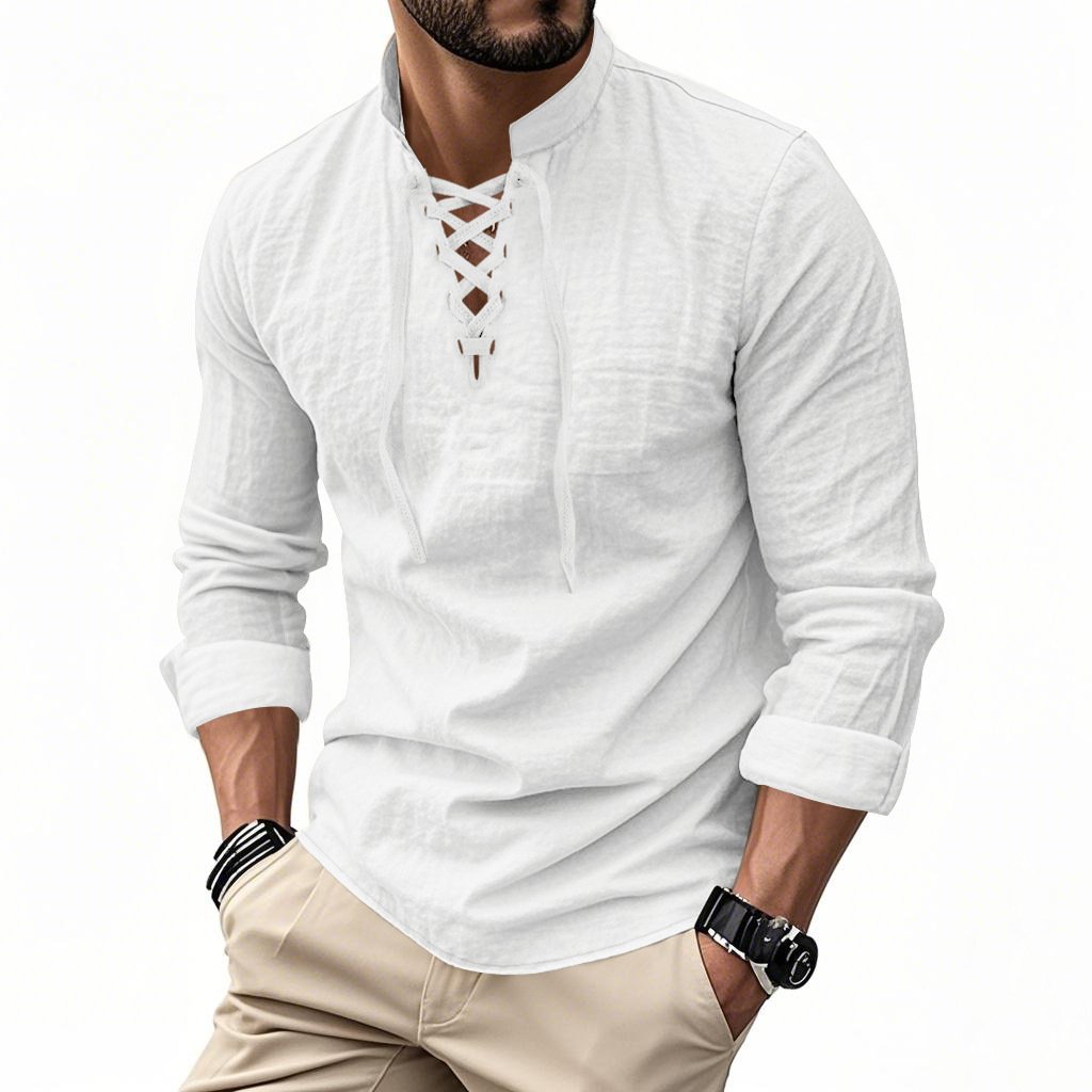 Men's Vintage V-neck T-shirt Cotton Linen Pirate Medieval Viking Gothic Tops Shirts Long Sleeved