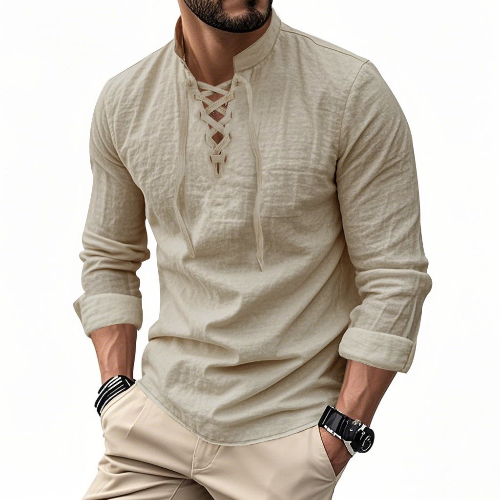 Men's Vintage V-neck T-shirt Cotton Linen Pirate Medieval Viking Gothic Tops Shirts Long Sleeved