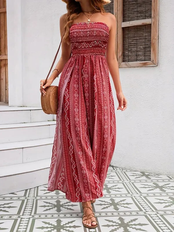 Strapless High Slit Print Draped Jumpsuit