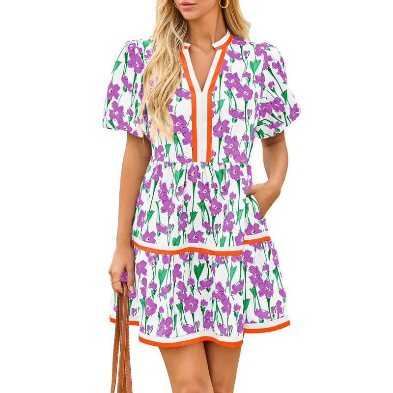 ⏰Summer Hot Sale 70% OFF💃Women's V Neck Floral Short Puff Sleeve Patchwork Casual Boho Mini Dress👍✨Soft Fabric & Comfortable Fit