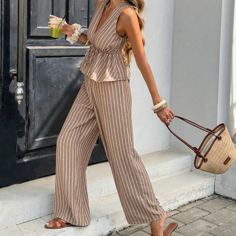 🏖️Limited Time Sale 50% OFF!🌞Women's 2-Piece Striped Tie-Waist Co-ord Set – Sleeveless Blouse & Wide-Leg Trousers 💫🌿  Vintage Boho Style • Casual Commuter Wear • Lightweight & Flowy💃