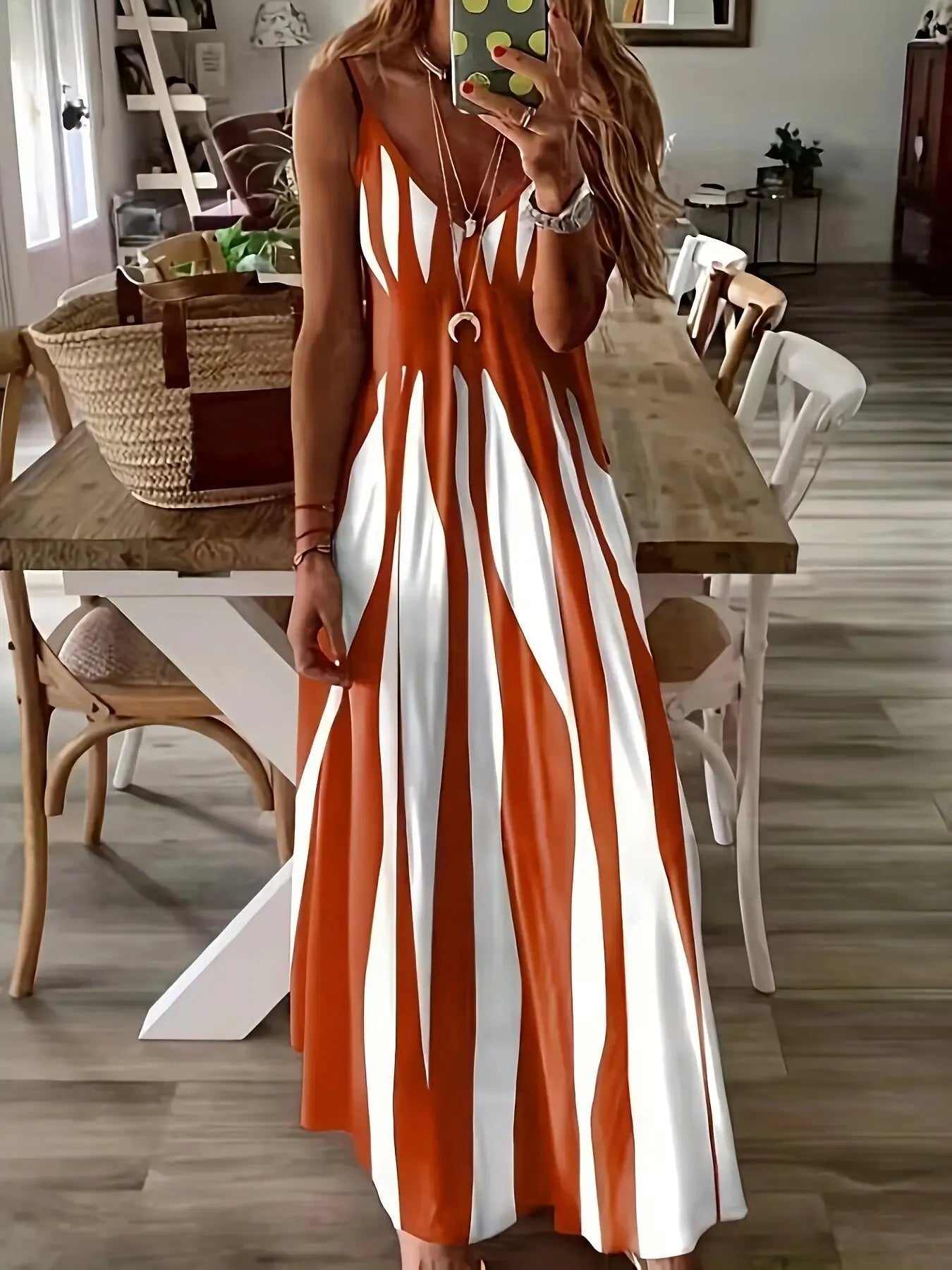 Striped Patchwork Suspender V-neck Dress