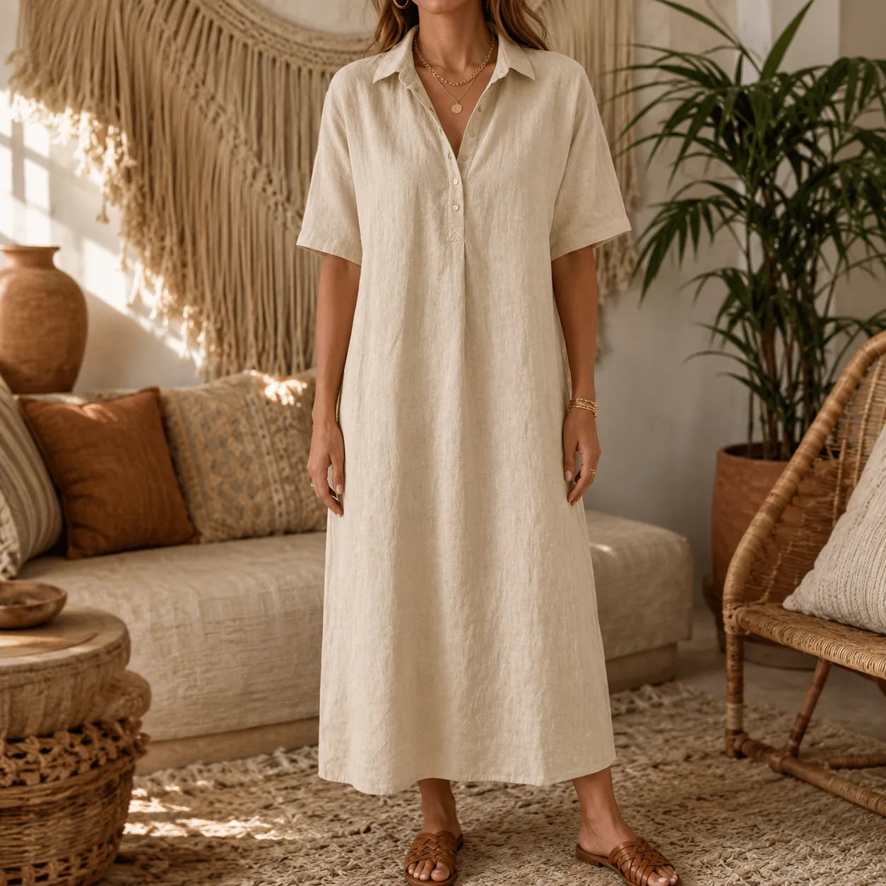 👠👗Women's Casual Cotton-Linen Short-Sleeve Polo-Collar Summer Dress