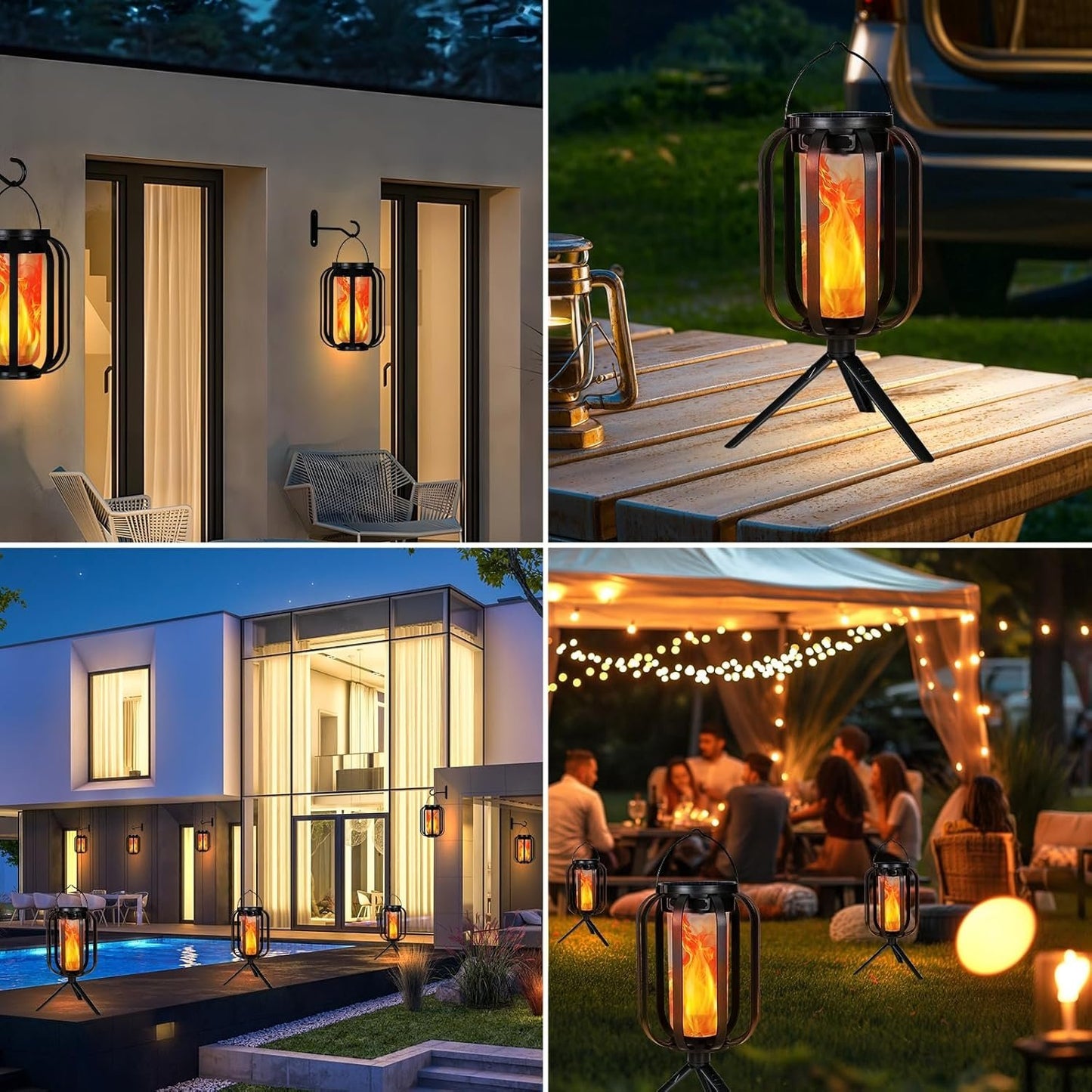 Solar Lantern Outdoor Lights, Waterproof Solar Powered Lanterns with Flickering Flame