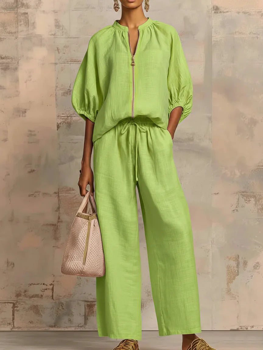 👚 40% OFF! 👖 Women's Solid Color 2-Piece Tracksuit – Puff Sleeve, Wide Leg, Zipper Detail ✨