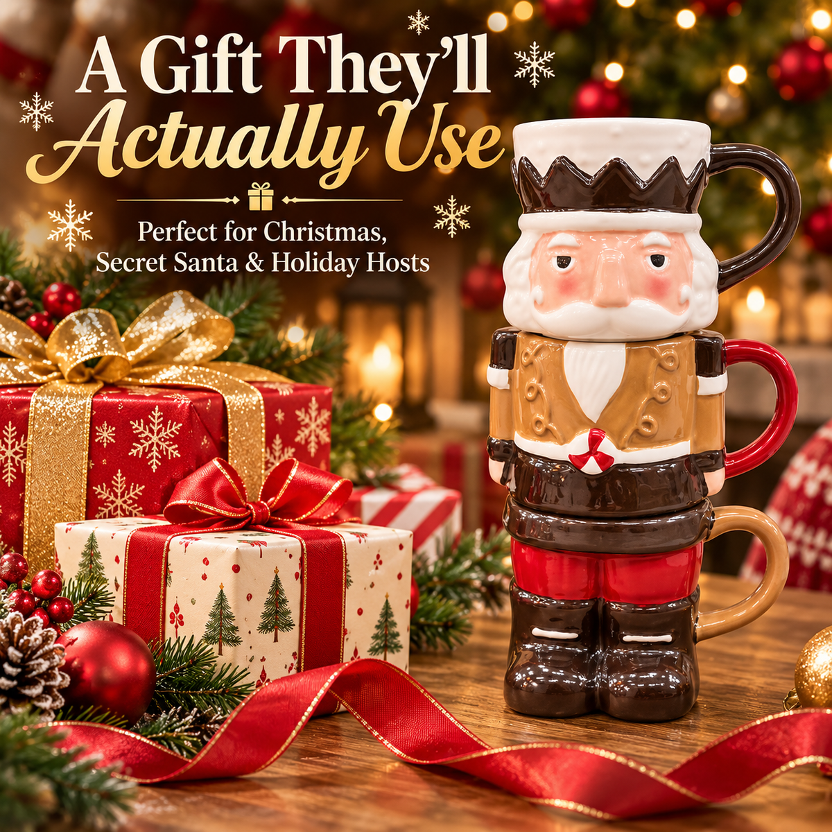 3-Piece Stackable Nutcracker Christmas Mug Set – Festive Holiday Coffee Cups & Kitchen Decor