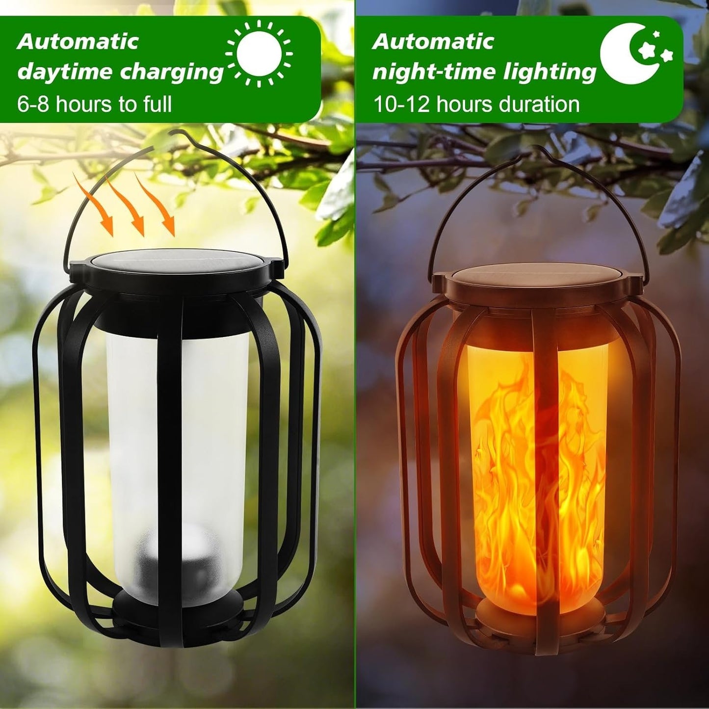 Solar Lantern Outdoor Lights, Waterproof Solar Powered Lanterns with Flickering Flame