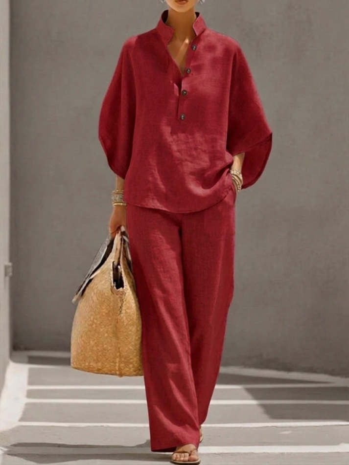Women’s Batwing Sleeve Linen Cotton Two-Piece Set – Casual Shirt & Wide Leg Pants Outfit