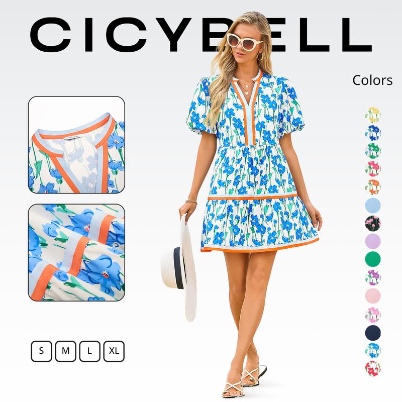 ⏰Summer Hot Sale 70% OFF💃Women's V Neck Floral Short Puff Sleeve Patchwork Casual Boho Mini Dress👍✨Soft Fabric & Comfortable Fit