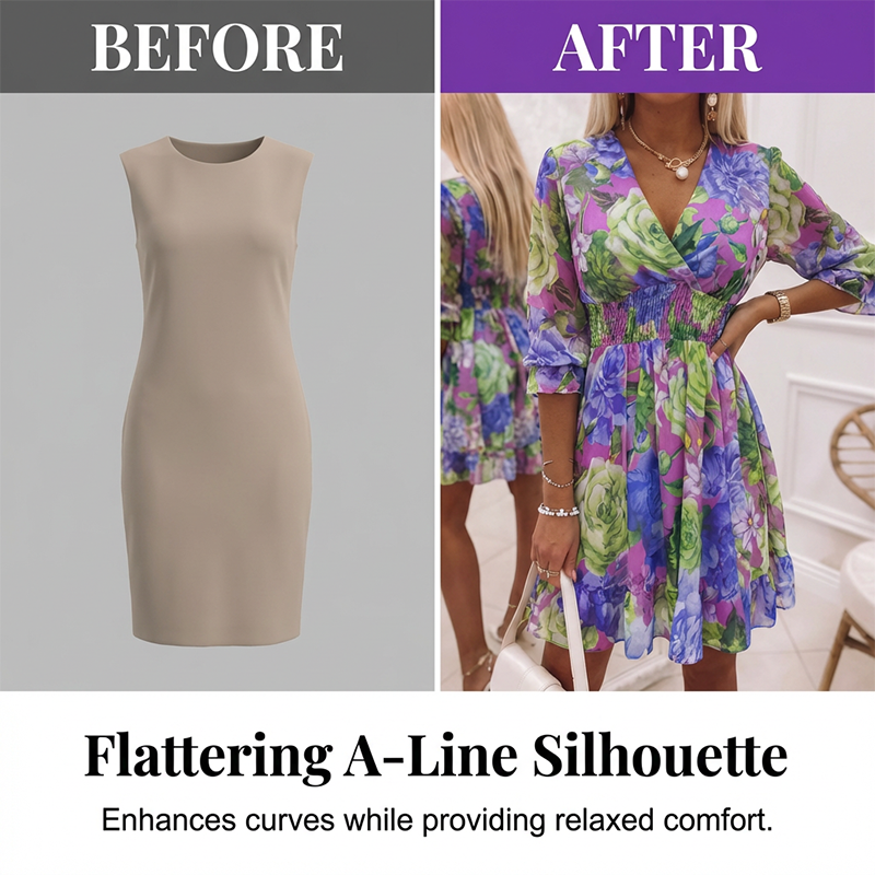 👗 50% OFF NOW! 🌸 Floral V-Neck A-Line Dress – Smocked Waist, Ruffled Hem & Breathable – Summer Ready, Effortlessly Romantic 🏖️