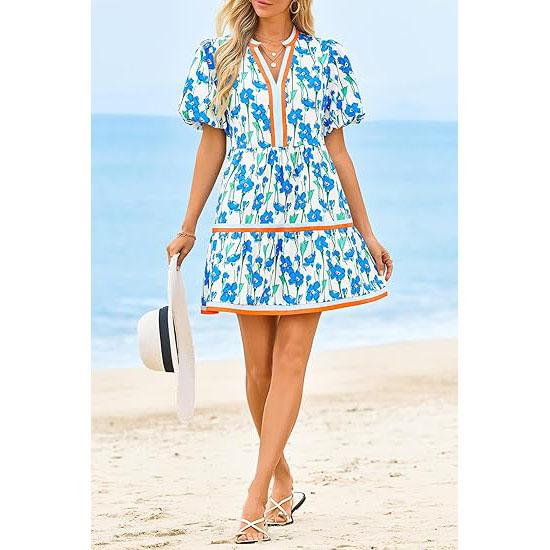 ⏰Summer Hot Sale 70% OFF💃Women's V Neck Floral Short Puff Sleeve Patchwork Casual Boho Mini Dress👍✨Soft Fabric & Comfortable Fit
