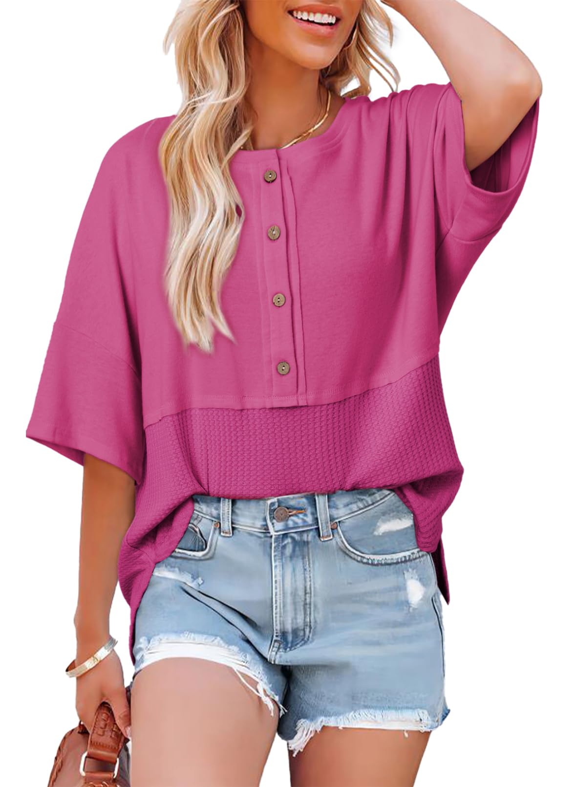 👚Women's 3/4 Sleeve Casual Button Down Waffle Knit Tops