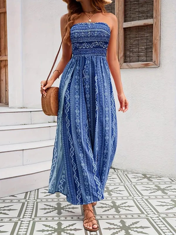 Strapless High Slit Print Draped Jumpsuit