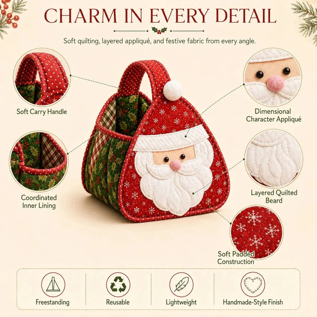 🎉🎄 Christmas Character Quilted Carry Basket | Padded Patchwork Fabrics, Layered Appliqué & Soft Carry Handle in DIY Kit or Ready-Made Styles 🎁✨