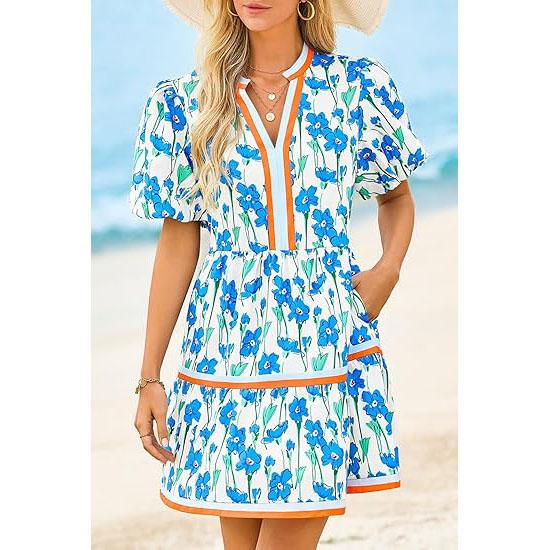 ⏰Summer Hot Sale 70% OFF💃Women's V Neck Floral Short Puff Sleeve Patchwork Casual Boho Mini Dress👍✨Soft Fabric & Comfortable Fit