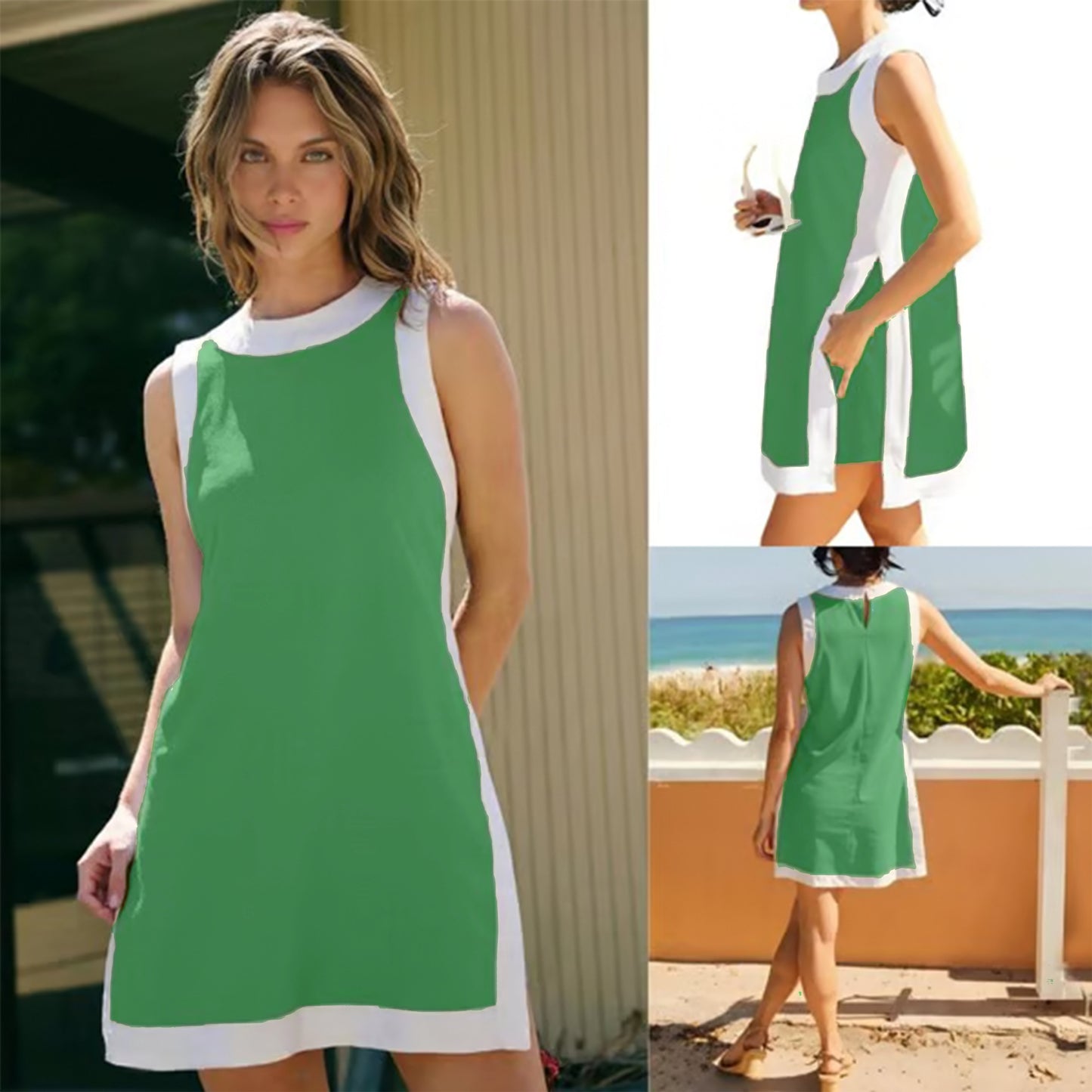 🎁Women's 2-Piece Sets Color Block Crewneck Sleeveless Top + Skirt & Shorts w/ Pockets