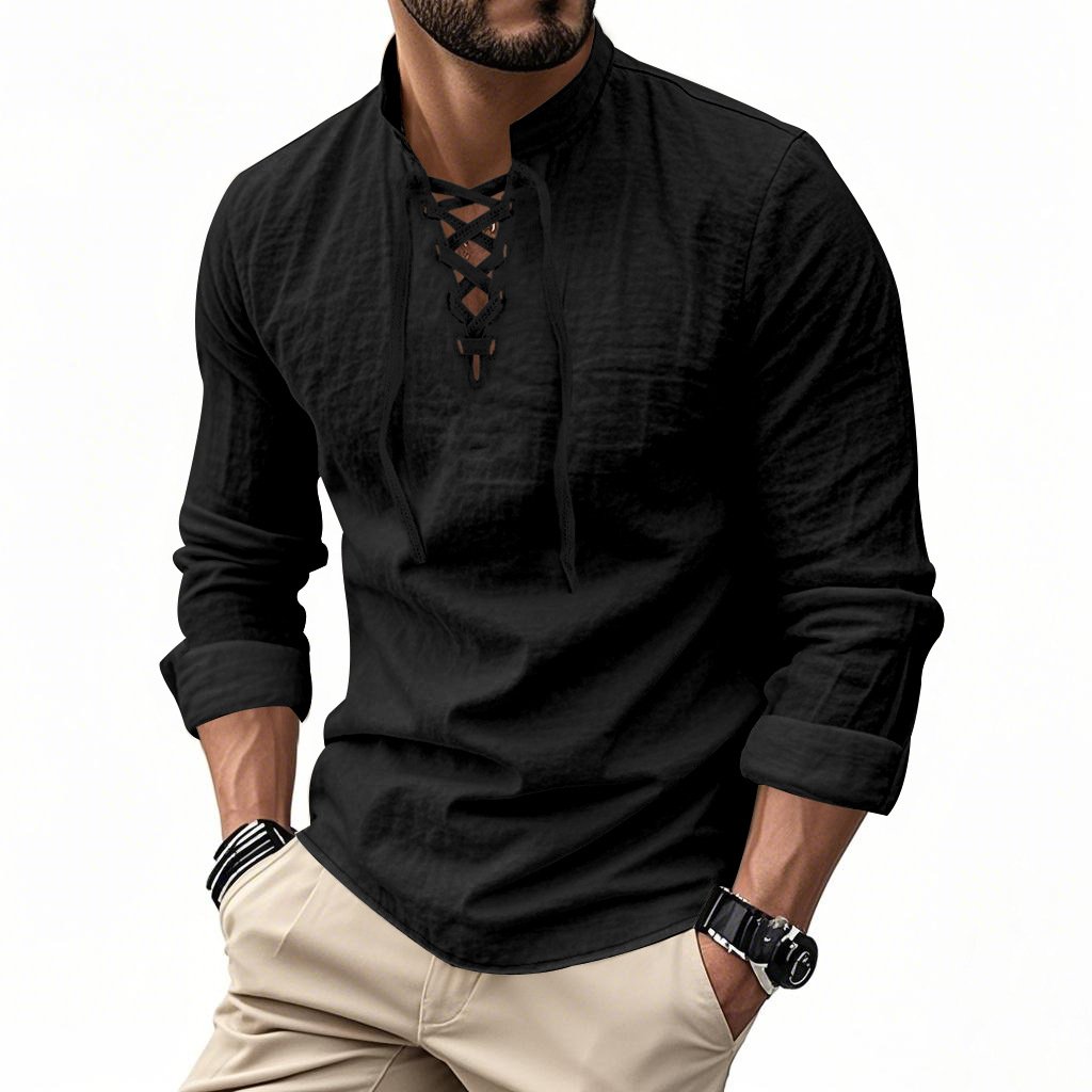 Men's Vintage V-neck T-shirt Cotton Linen Pirate Medieval Viking Gothic Tops Shirts Long Sleeved