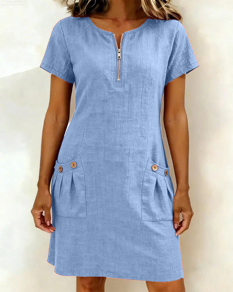 💃Women Summer Cotton-Linen Dress with Zipper Pockets