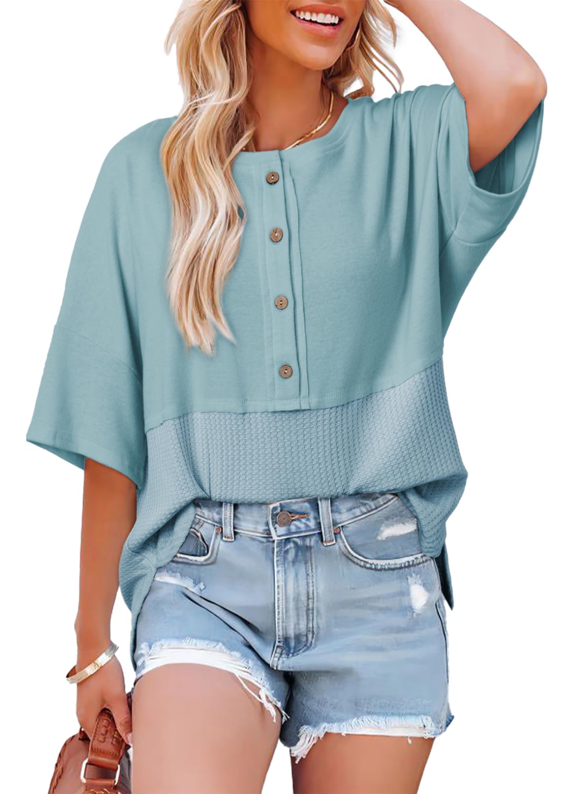 👚Women's 3/4 Sleeve Casual Button Down Waffle Knit Tops
