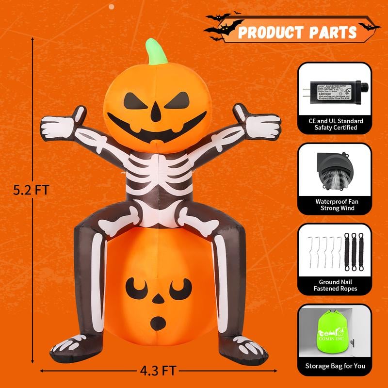 🎁Halloween Inflatable 5FT Skull Skeleton Pumpkin Head