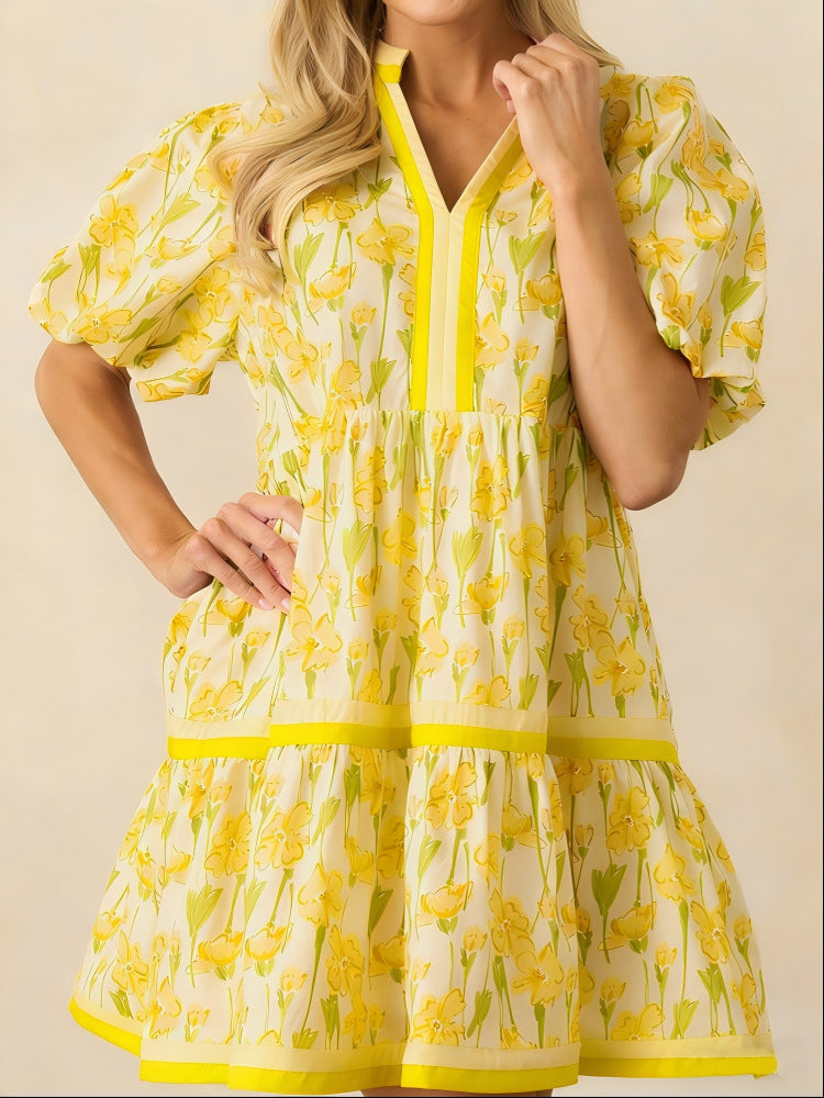 ⏰Summer Hot Sale 70% OFF💃Women's V Neck Floral Short Puff Sleeve Patchwork Casual Boho Mini Dress👍✨Soft Fabric & Comfortable Fit