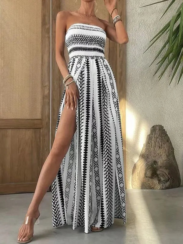 Strapless High Slit Print Draped Jumpsuit
