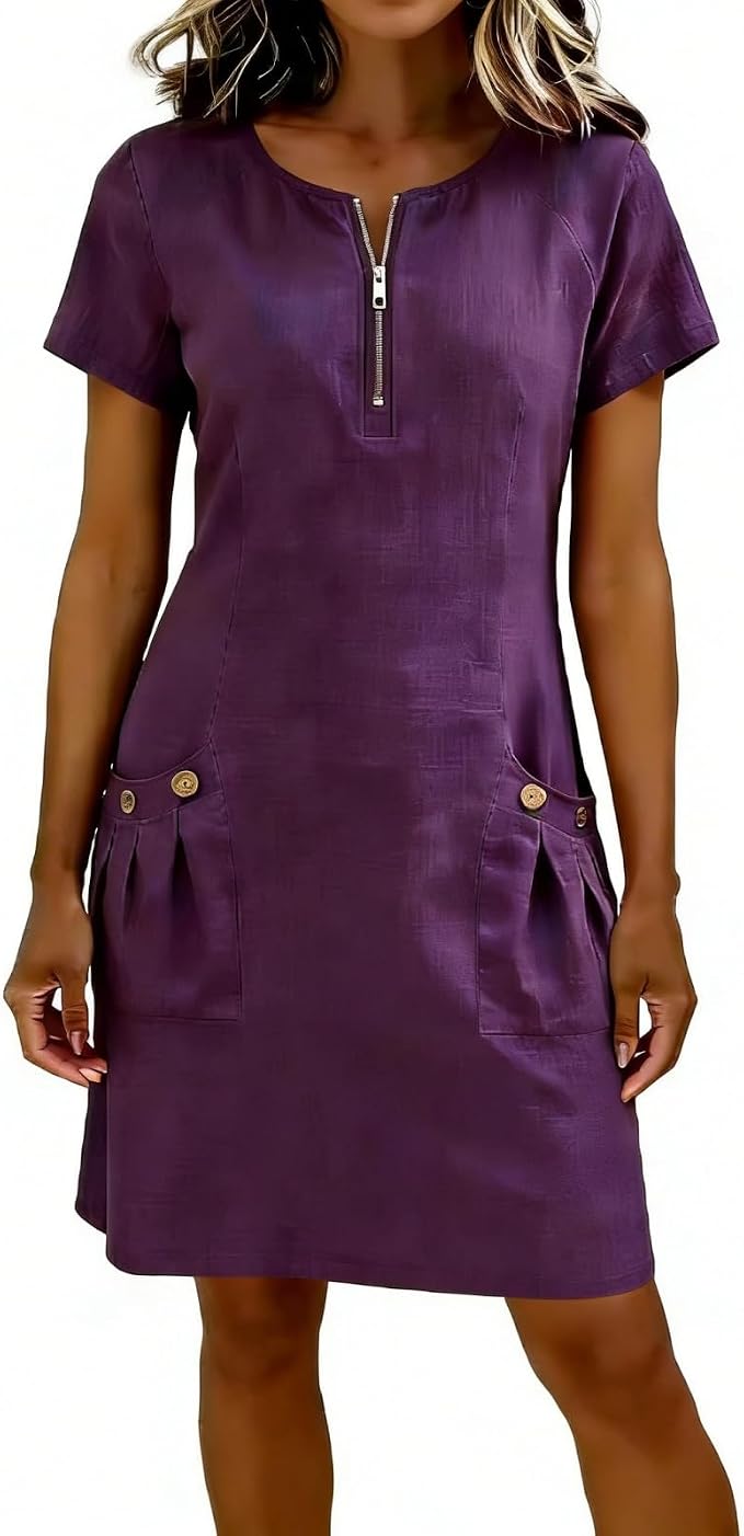 💃Women Summer Cotton-Linen Dress with Zipper Pockets